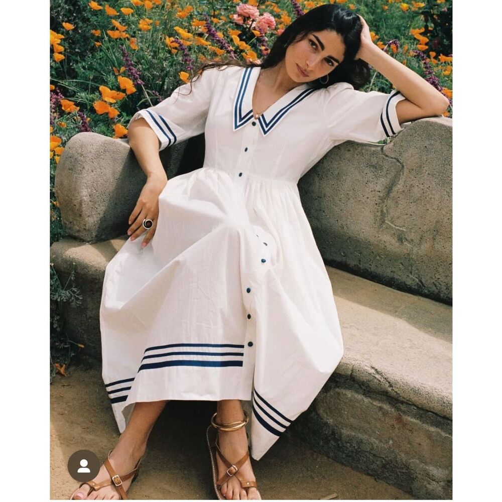 Ciao Lucia Julieta Midi Dress in White and blue sailor collar size small.